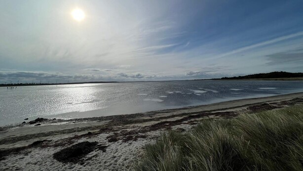 Ein Strand mit blauem Himmel und Sonnenschein.