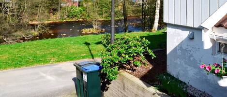 A residential area with a house, a green trash bin, a bush, and a river in the background.