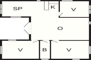 Un plan d’étage indiquant les différentes pièces, identifiées par les lettres suivantes : SP, K, V, O et B.