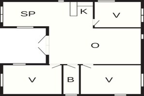 Un plan d’étage indiquant les différentes pièces, identifiées par les lettres suivantes : SP, K, V, O et B.