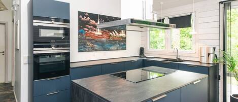 A modern kitchen with a central island, built-in ovens, and a large window.