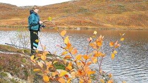 A person fishing by a lake with autumn foliage and hills in the background. - 6 Person Holiday Home in Skorovatn (Namsskogan)
