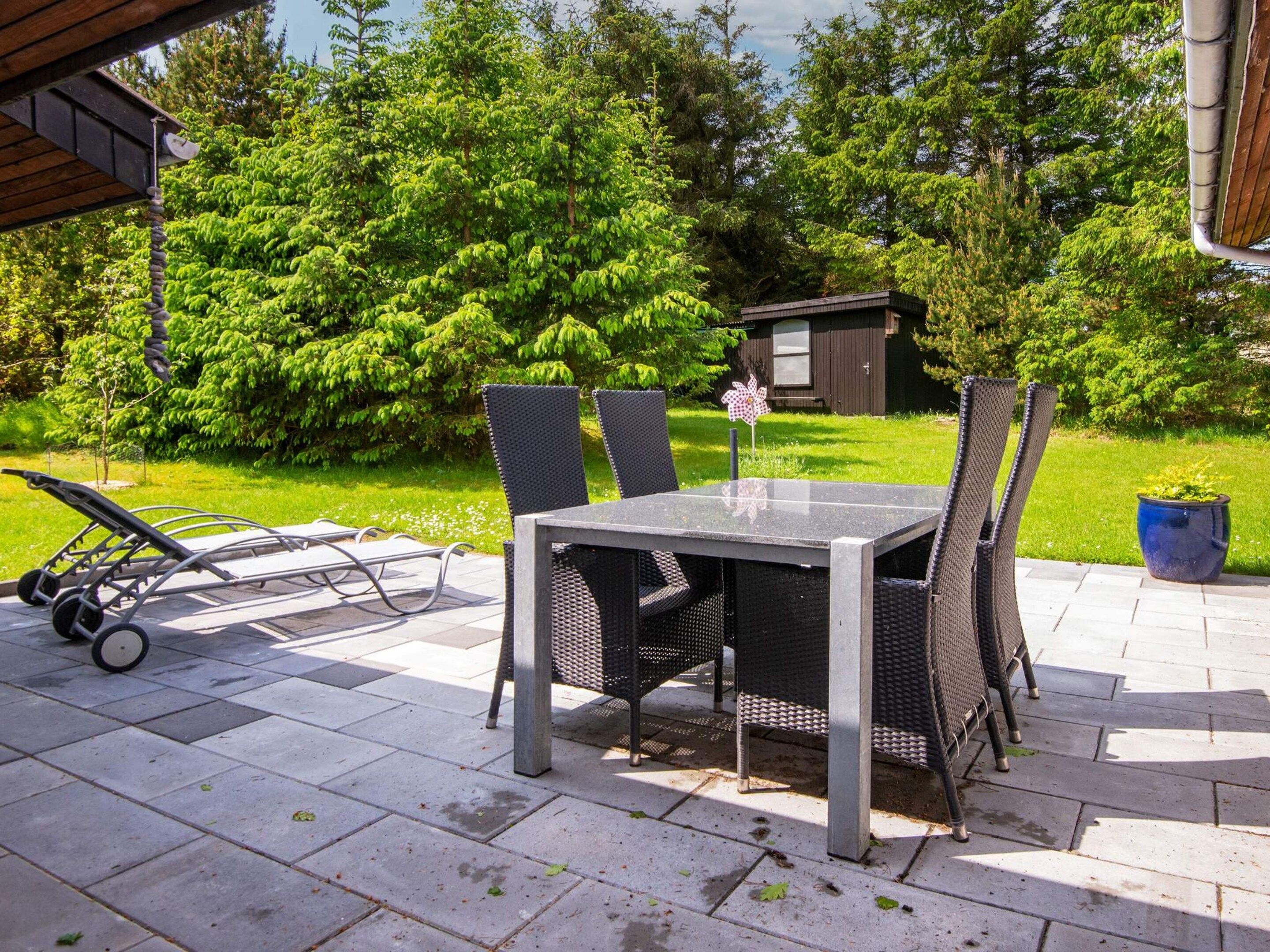 An outdoor patio with a table and chairs, a small shed, and a lawn.
