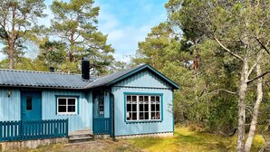 Uma casa pequena e térrea com fachada azul e porta branca, rodeada por árvores e grama.