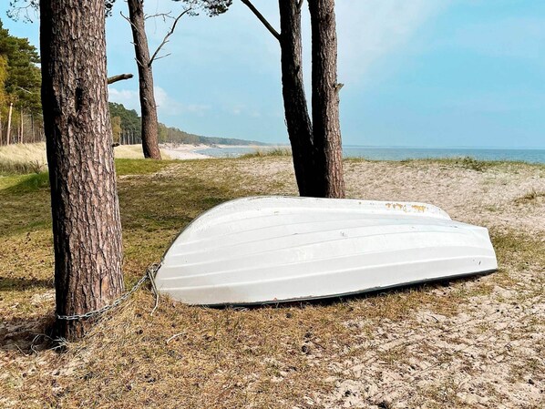 A white boat tied to a tree on a grassy beach with a clear view of the ocean and distant hills.
