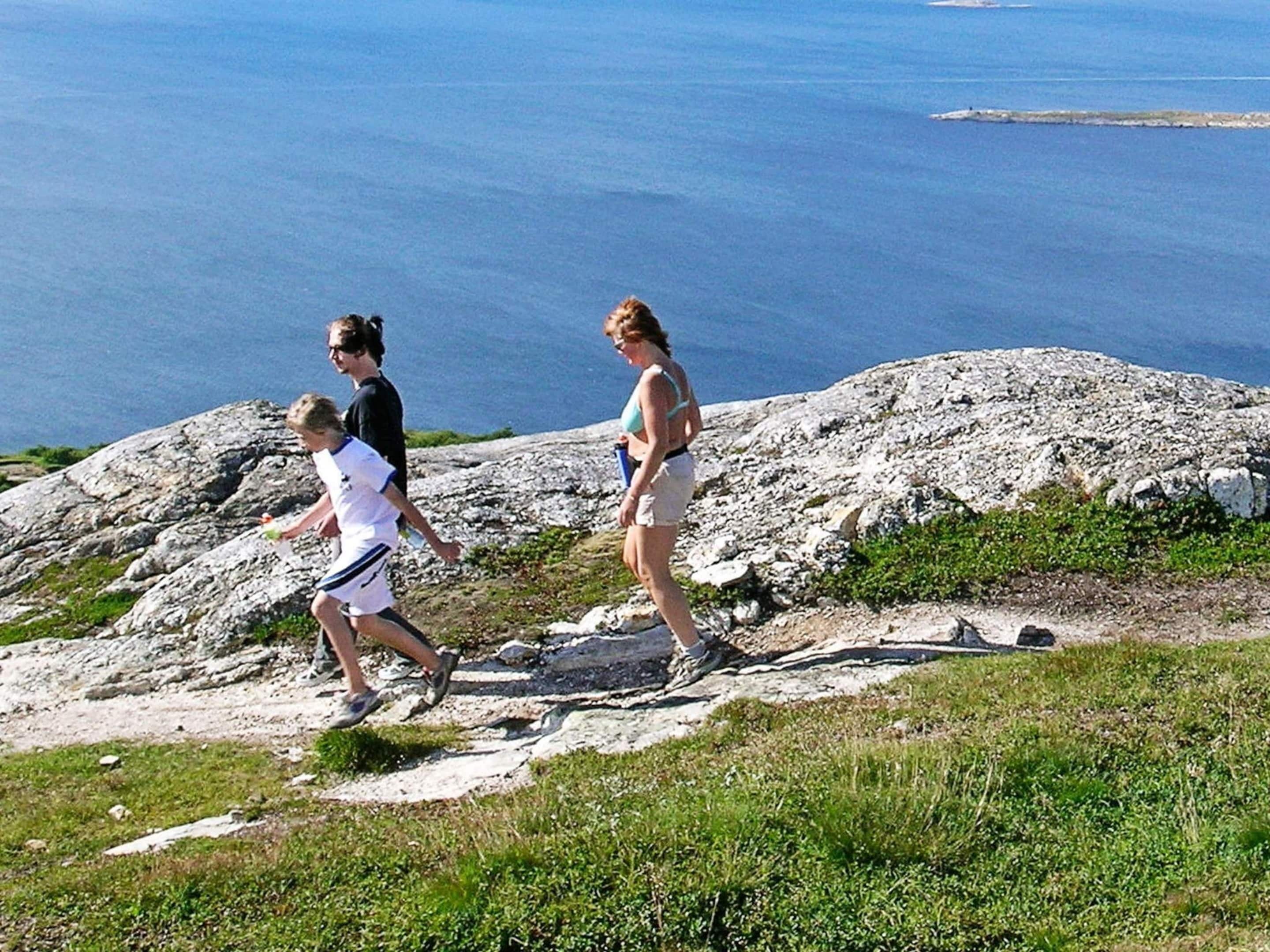 A rocky terrain with a view of the sea.