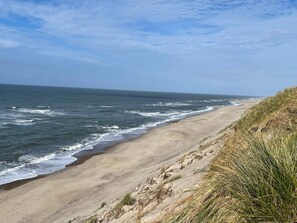 A beach with waves, a clear sky, and a grassy dune. - 5 Star Holiday Home in Ulfborg (Ulfborg)