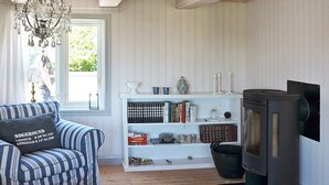 A cozy living room with a sofa, a bookshelf, a fireplace, and a window. - Holiday Home in Sölvesborg (Sölvesborg)