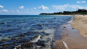 A beach with clear water, a sandy shore, and a distant forested area. - Pet Friendly Holiday Home in Dronningmølle near Sea (Dronningmolle)