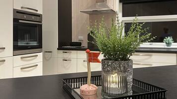 A modern kitchen with white cabinetry, a black countertop, and a potted plant on a tray.