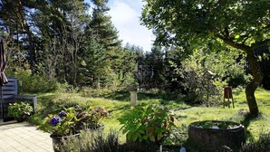 A garden with a wooden bench, potted plants, and a stone planter.