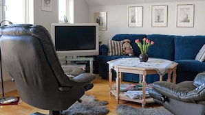 A living room with a leather chair, a television, a blue sofa, and a small table with a vase of flowers. - Holiday Home in Skärhamn (Skaerhamn)