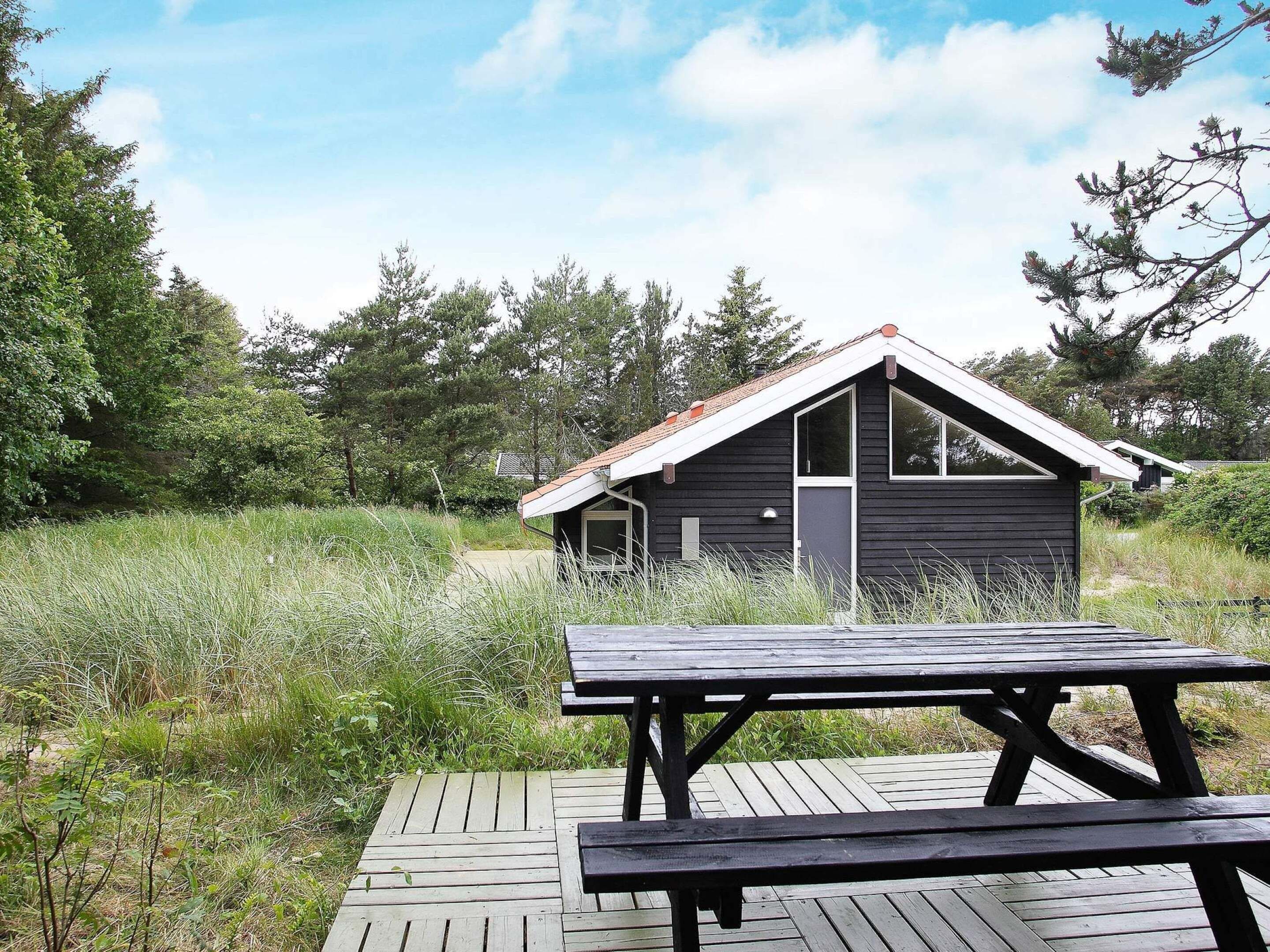 A wooden cabin with a pitched roof, surrounded by tall grass and trees.