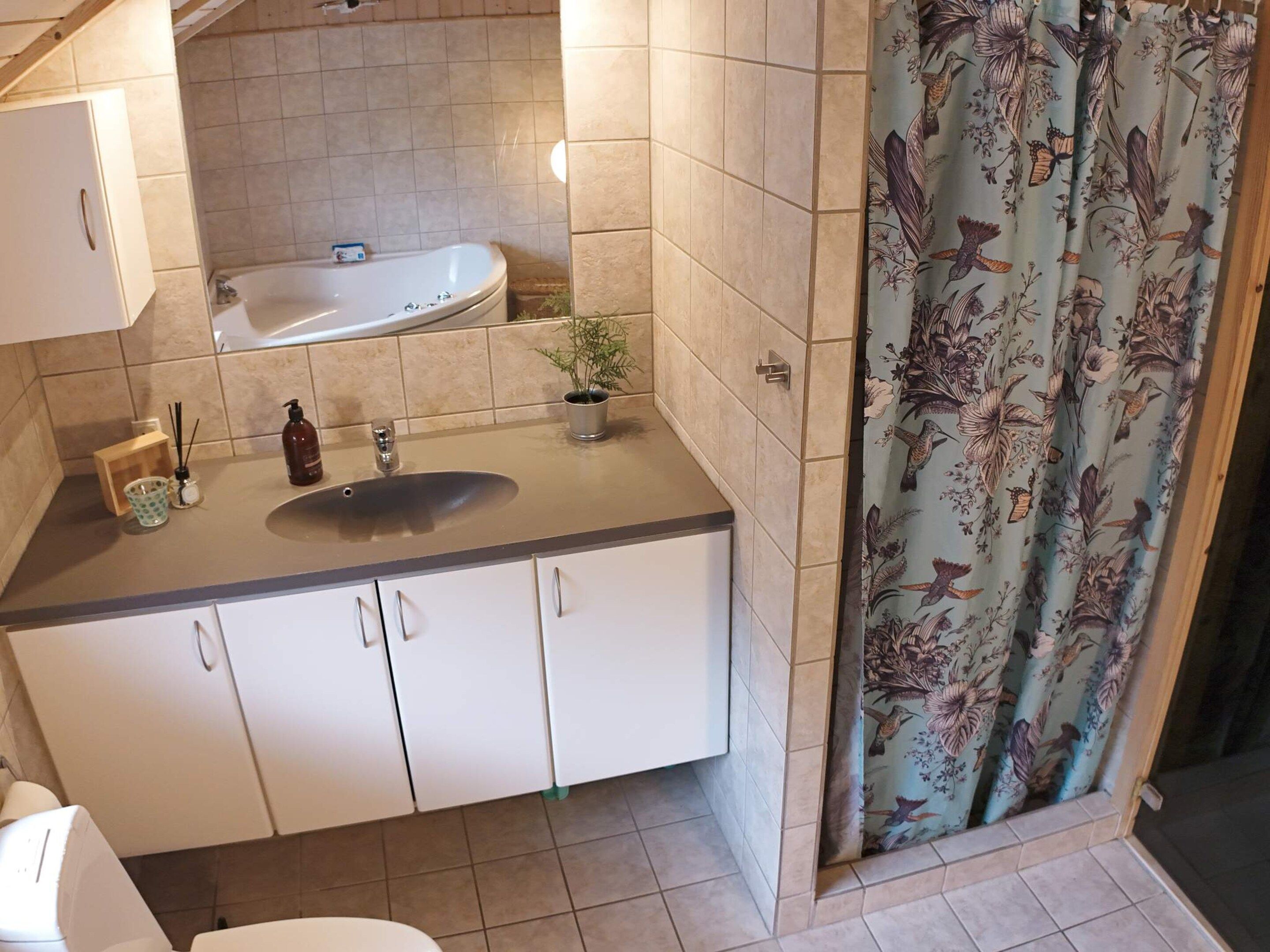 Kylpyhuoneessa on kylpyamme, pesuallas ja wc. Tiskipöydällä on ruukkukasvi.