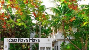 The entrance to Casa Playa Maya with a white archway, paved pathway, and lush tropical vegetation. - Ocean Walk Casita at Private Beach. Snorkels, Kayaks, Paddleboards Included (Tulum)