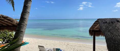 على الشاطئ، كراسي للتشمس، مناشف للشاطئ