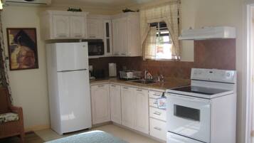 A compact kitchen with white cabinets, a refrigerator, a microwave, an oven, and a sink.