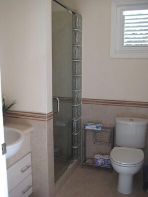 A bathroom with a glass shower enclosure, a toilet, and a sink. - Cherry Garden Villa Cottage pool in the desirable Rockley Beach location (Rockley, Christ Church)