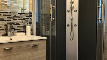 Shower, hair dryer, toilet paper