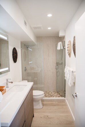 A modern bathroom with a glass-enclosed shower, a white sink, and a toilet.