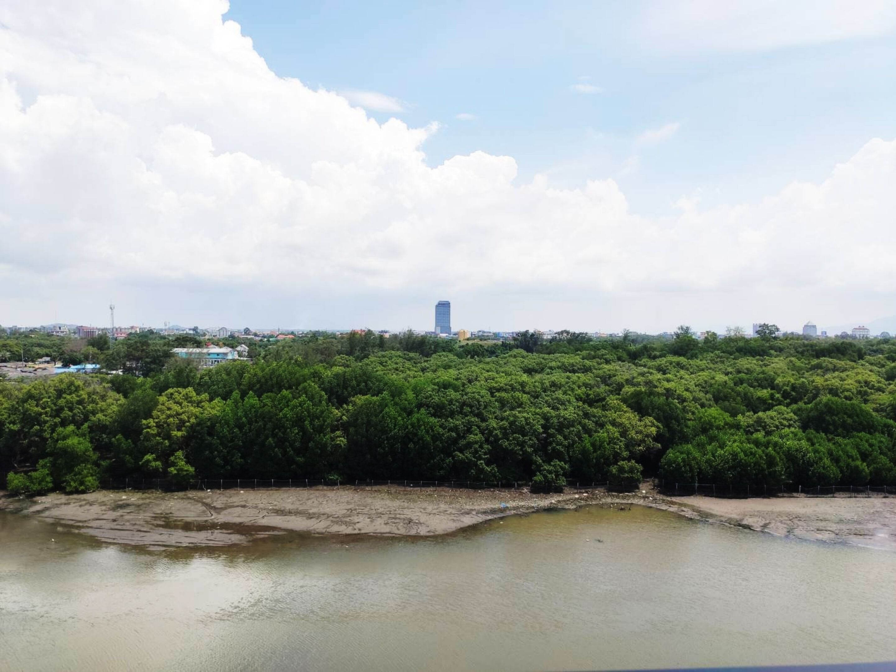 Ufer mit dichter Vegetation und einem Gebäude in der Ferne.