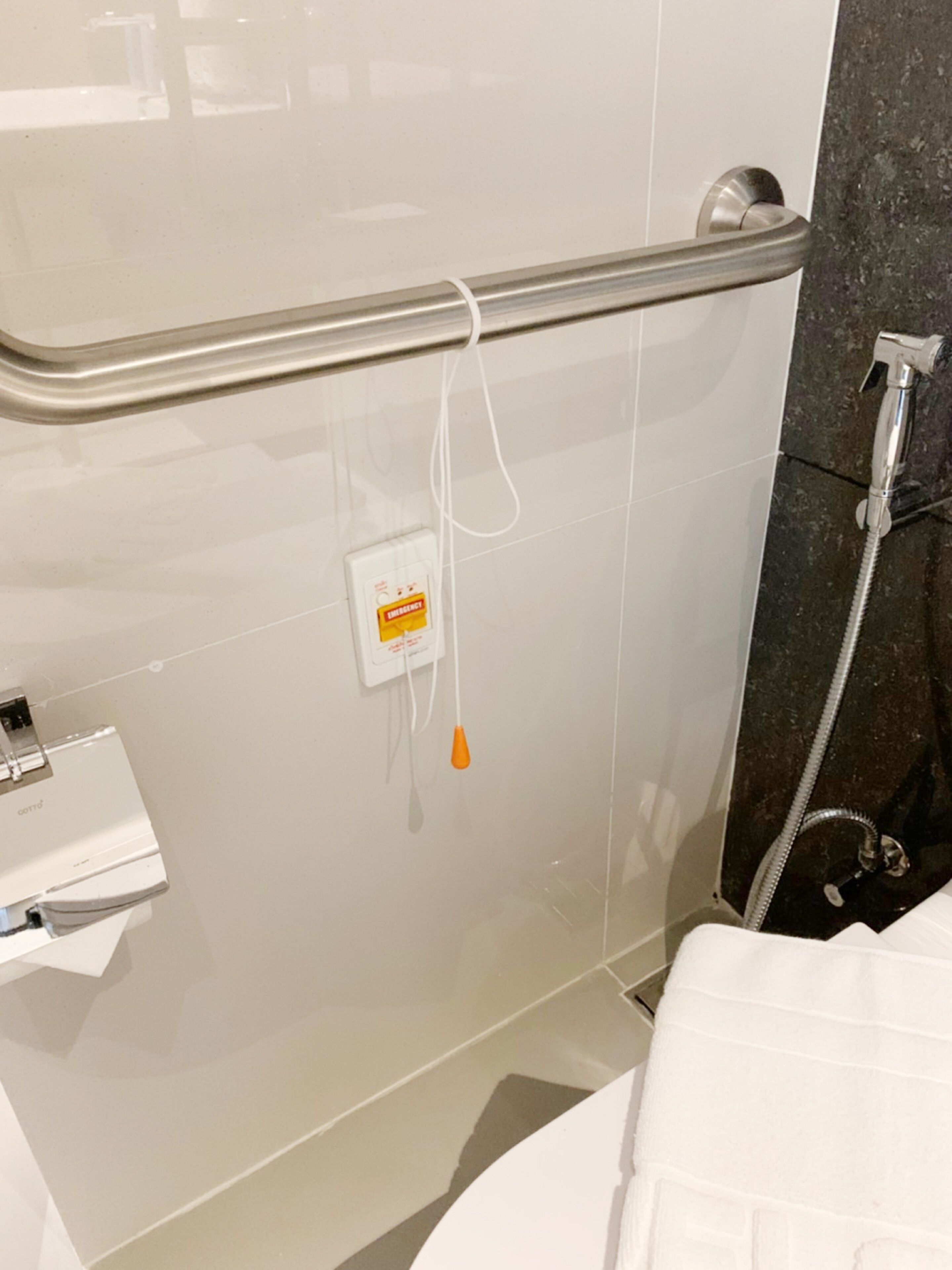 A bathroom with a white toilet, a handrail, a shower area, and a wall-mounted emergency light.