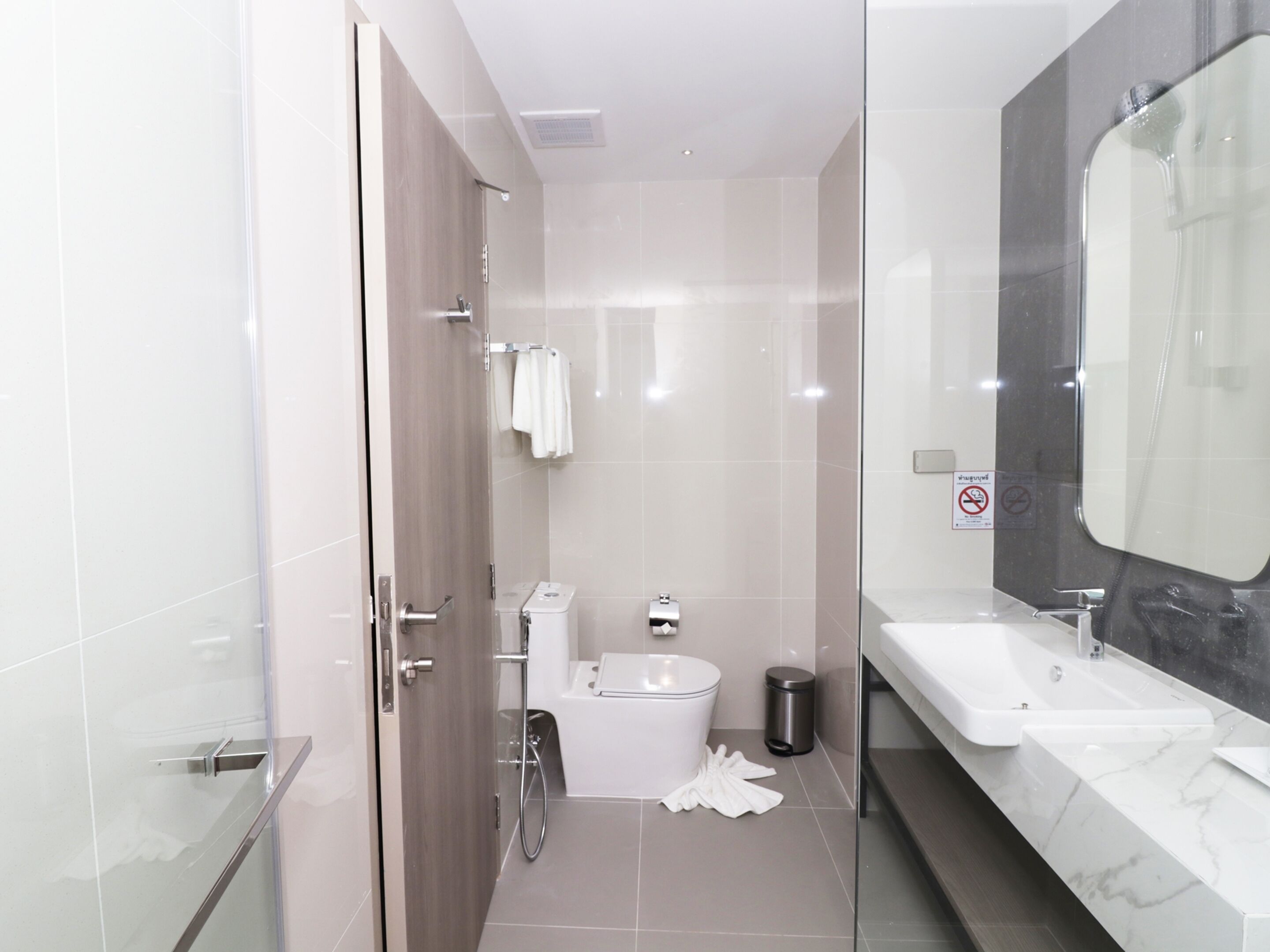 A modern bathroom with a glass shower enclosure, a toilet, and a sink with a large mirror.