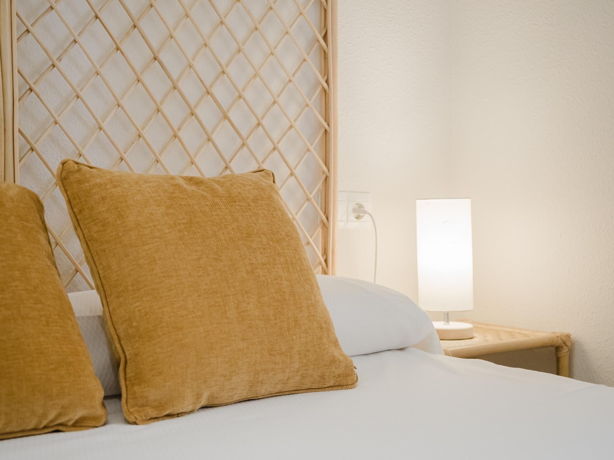 A hotel room with a bed, two pillows, a nightstand with a lamp, and a wall with a patterned headboard.