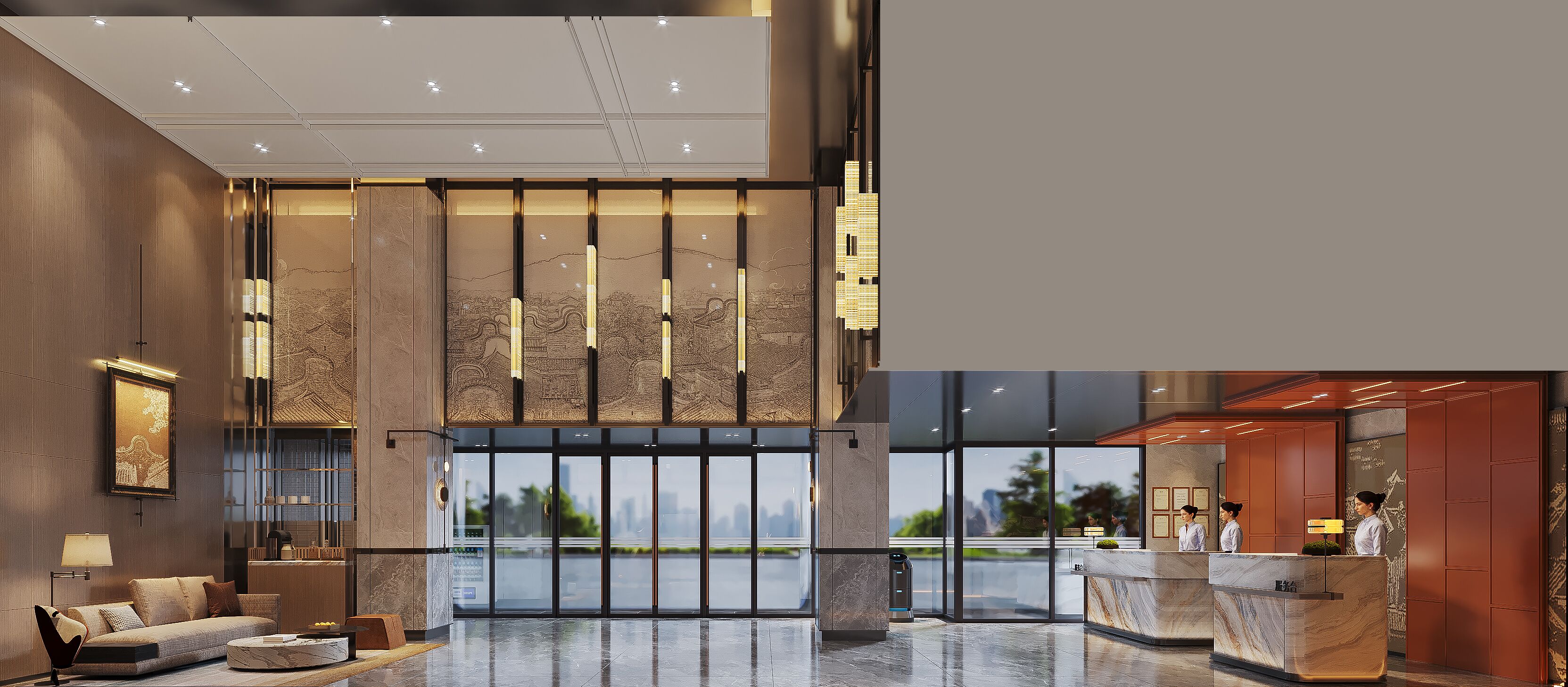 A modern lobby with a reception desk, seating area, and large windows offering a city view.