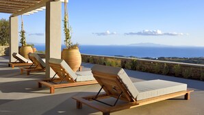 Une terrasse avec des fauteuils de jardin en bois et une grande plante en pot.