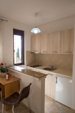 Superior Studio | Private kitchen | Stovetop, electric kettle, cookware/dishes/utensils, cleaning supplies - Apartments Lumiere (Becici)