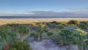 Paisaje costero con playa, dunas y una pasarela de madera.