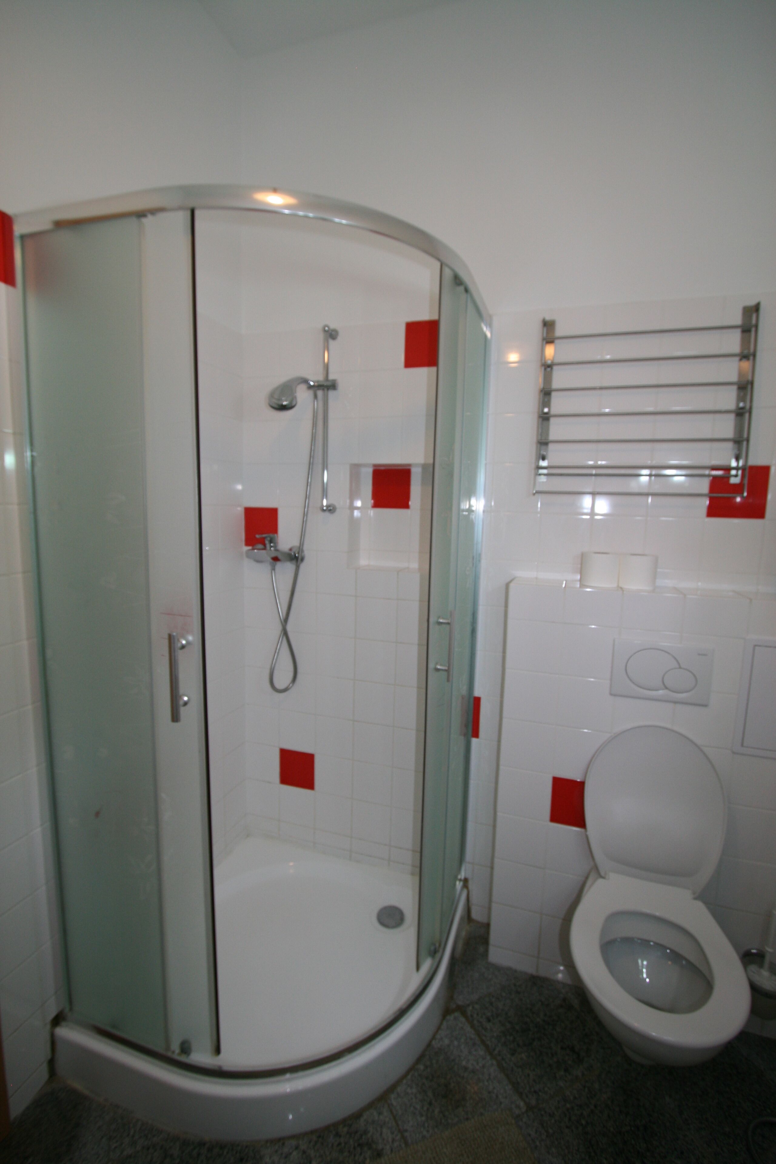 Ein Badezimmer mit Duschkabine, Toilette und Handtuchhalter.