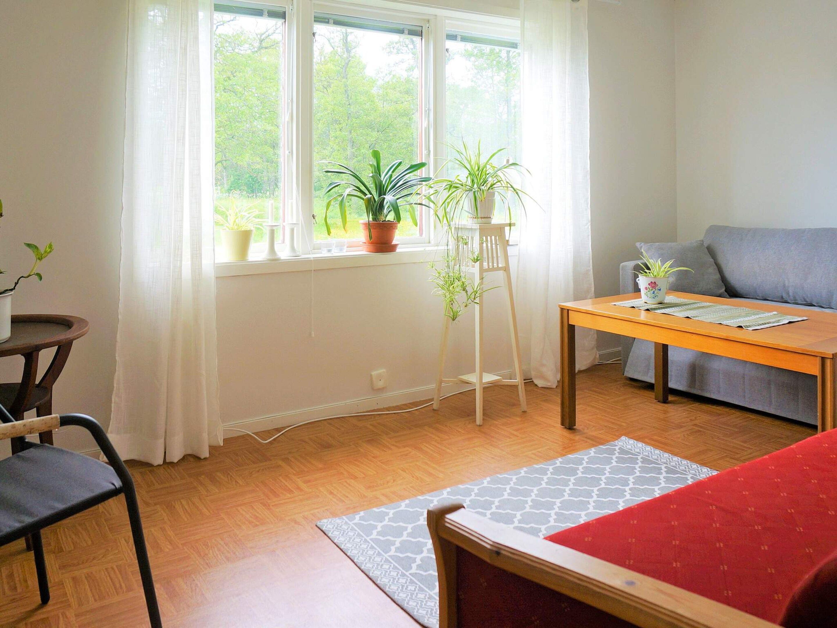 A living room with a sofa, a wooden table, a chair, a potted plant, and a window with curtains.