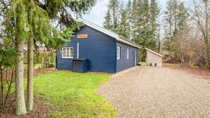 A single-story blue house with a gravel driveway, surrounded by trees and a grassy area. - 4 Person Holiday Home in Ansager (Ansager)
