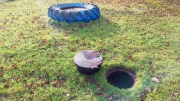 Une zone herbeuse avec un pneu et un objet rond.