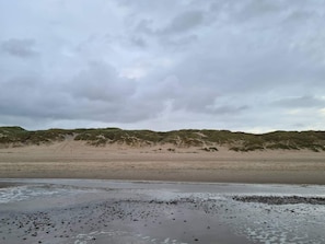 Uma praia com areal arenoso e uma duna ao fundo.