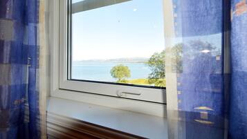 A window with a view of a body of water and trees, curtains, and a handle.