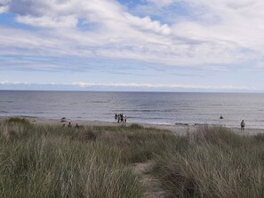 A beach with people walking along the shore and a grassy area in the foreground. - 6 Person Holiday Home in Hals (Hals)