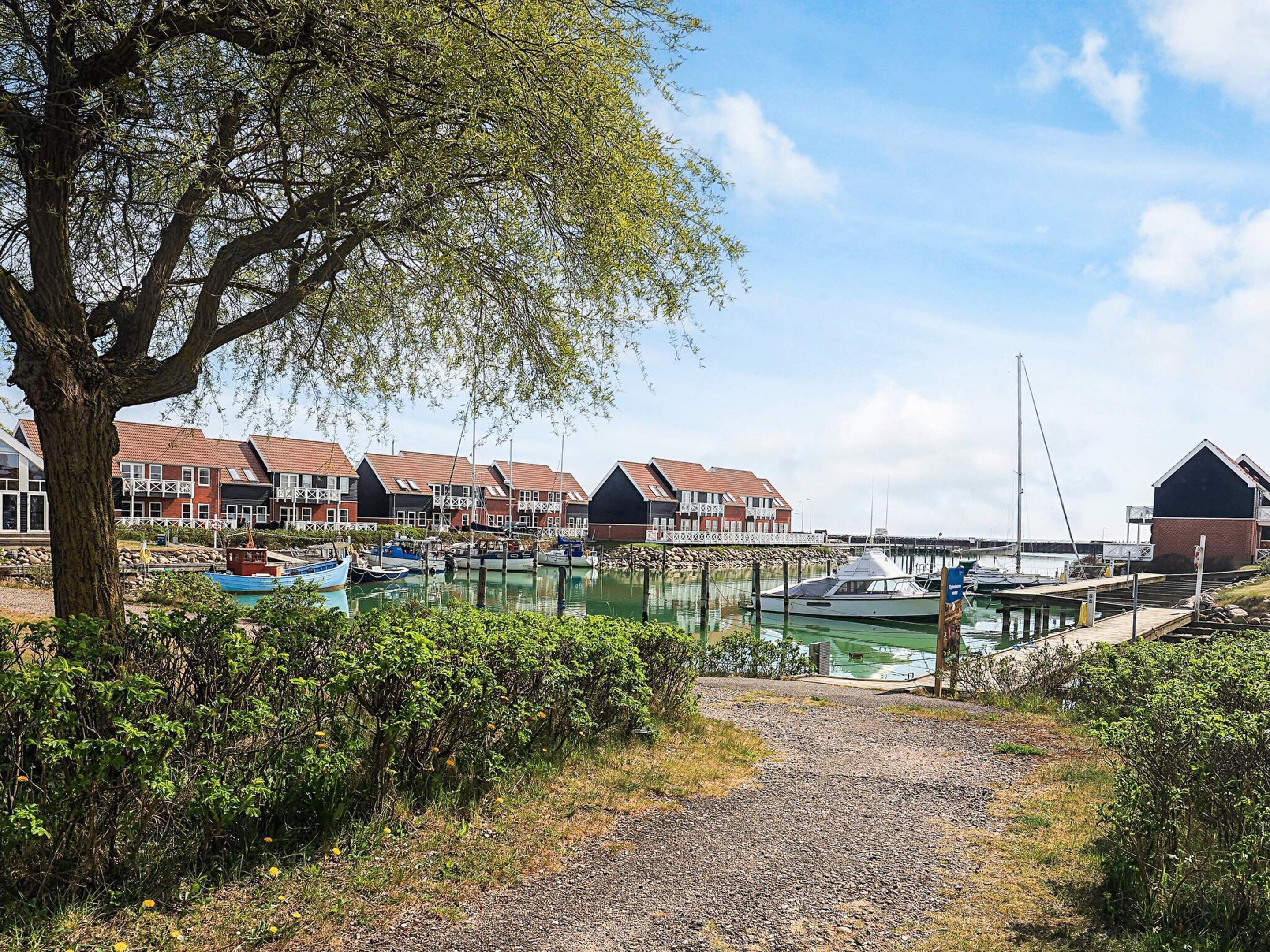 Un port de plaisance où sont amarrés des bateaux, un sentier bordé d’arbres et des maisons mitoyennes aux toits rouges.