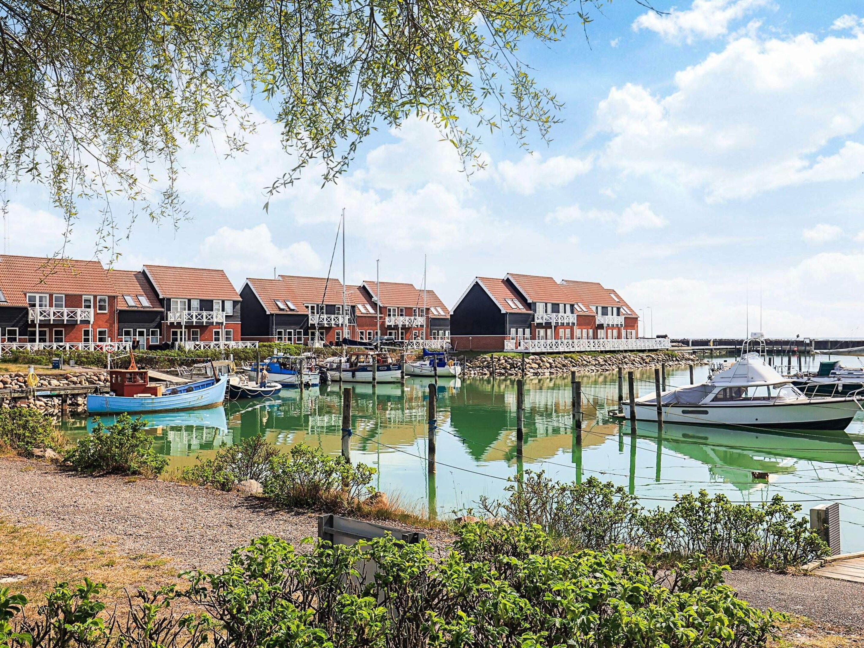 Una marina con barcos amarrados, una hilera de casas con techos rojos y un cielo despejado.