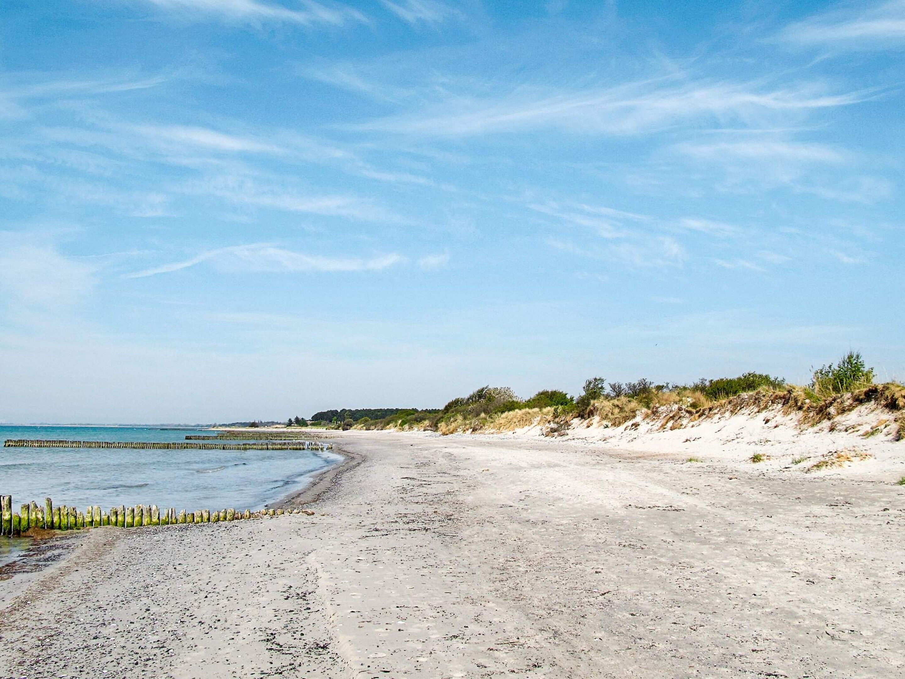 Una playa con arena, un muelle de madera y vegetación escasa.
