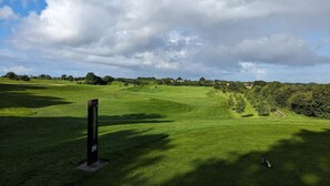 Un terrain de golf avec un mât de drapeau au premier plan, entouré d’une végétation luxuriante et d’arbres, sous un ciel partiellement nuageux.