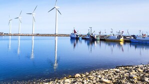 Ruhige Uferlandschaft mit Windkraftanlagen und Booten im Hafen.