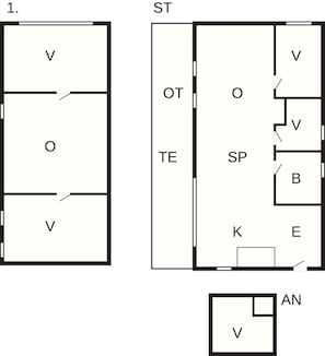 A hotel layout with multiple rooms labeled V, O, ST, OT, TE, SP, K, E, B, and AN.