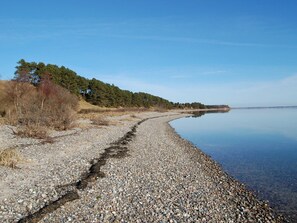 A pebbly shoreline with a calm body of water, trees, and a clear sky. - 8 Person Holiday Home in Thyholm (Thyholm)