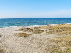 A beach with a sandy shore, a grassy area, and a clear blue sky. - 5 Star Holiday Home in Dannemare (Dannemare)