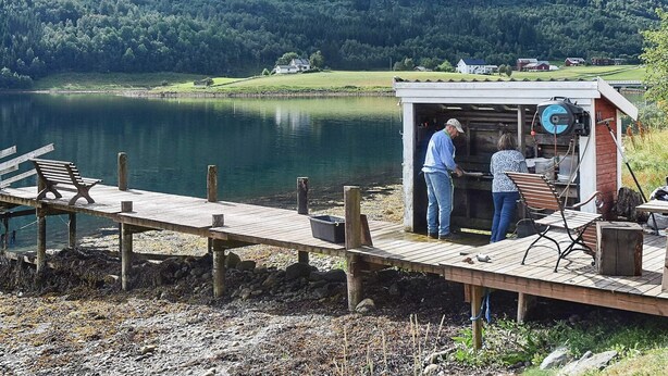 A lakeside wooden dock with benches, a small wooden structure with a grill, and a house in the background. - 3 Person Holiday Home in Bofjorden (Surnadal)