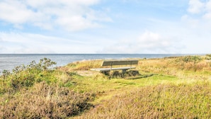 A bench by the sea with grassy terrain and a clear sky.