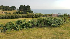 Eine Küstenlandschaft mit einem Weinberg, einem Zelt und einem Gewässer im Hintergrund.